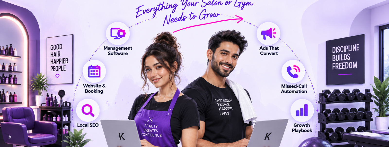 A salon owner and a gym owner each working on a laptop, ringed by the six Kryptonix services: management software, website and booking, local SEO, ads that convert, missed-call automation and growth playbook.