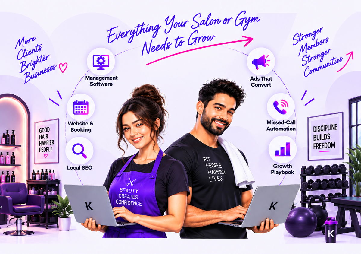 A salon owner and a gym owner each working on a laptop, ringed by the six Kryptonix services: management software, website and booking, local SEO, ads that convert, missed-call automation and growth playbook.